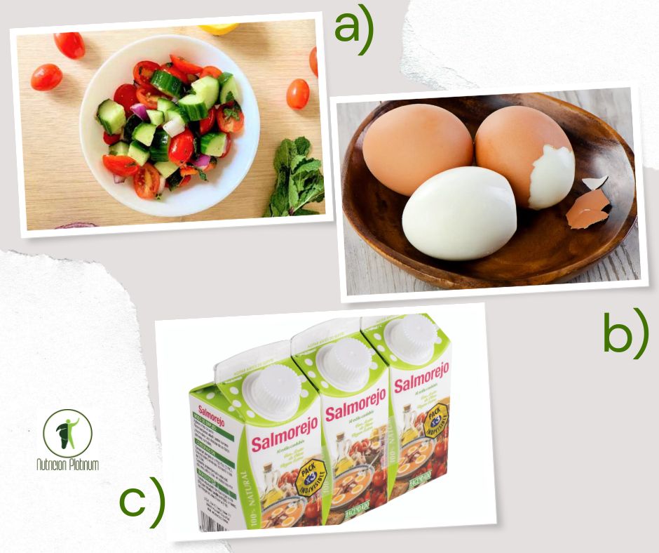 Ensalada Mediterránea con huevos cocidos y 1 tetrabrik mini de salmorejo por persona.